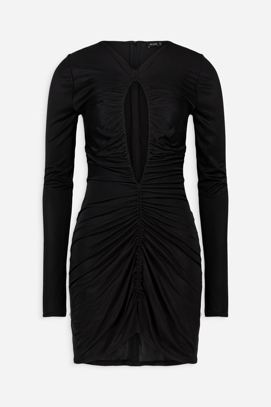 Open front ruched mini dress in black