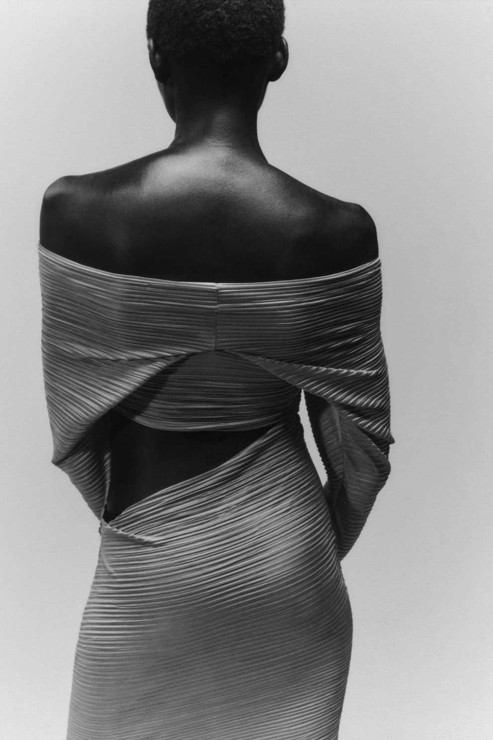 Off the shoulder pleated gown dress