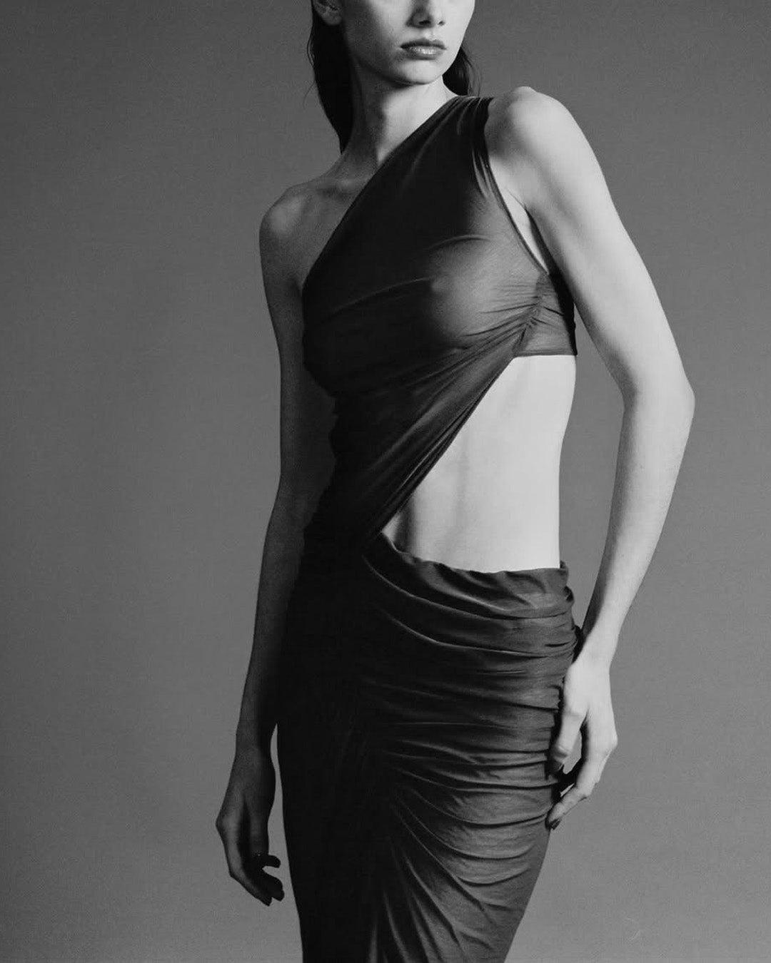 One shoulder ruched cut out gown dress