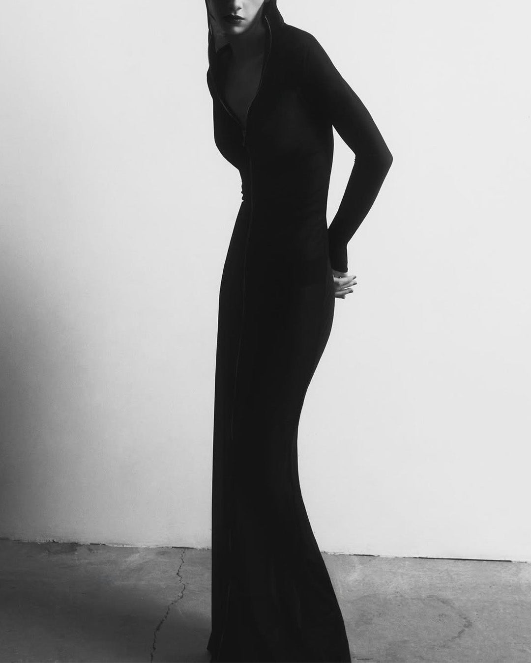 Zip detail hooded ruched gown