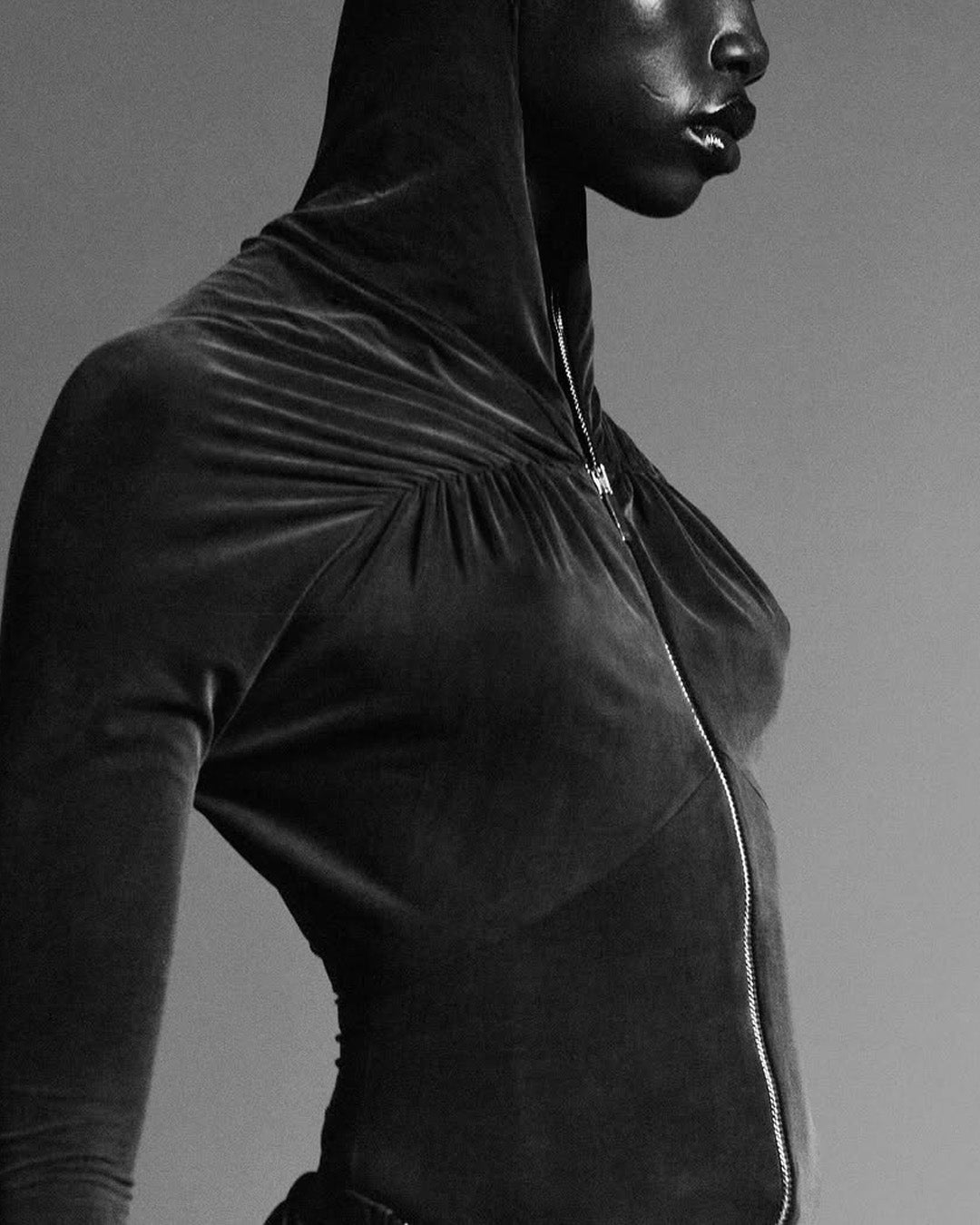 Zip detail hooded ruched gown