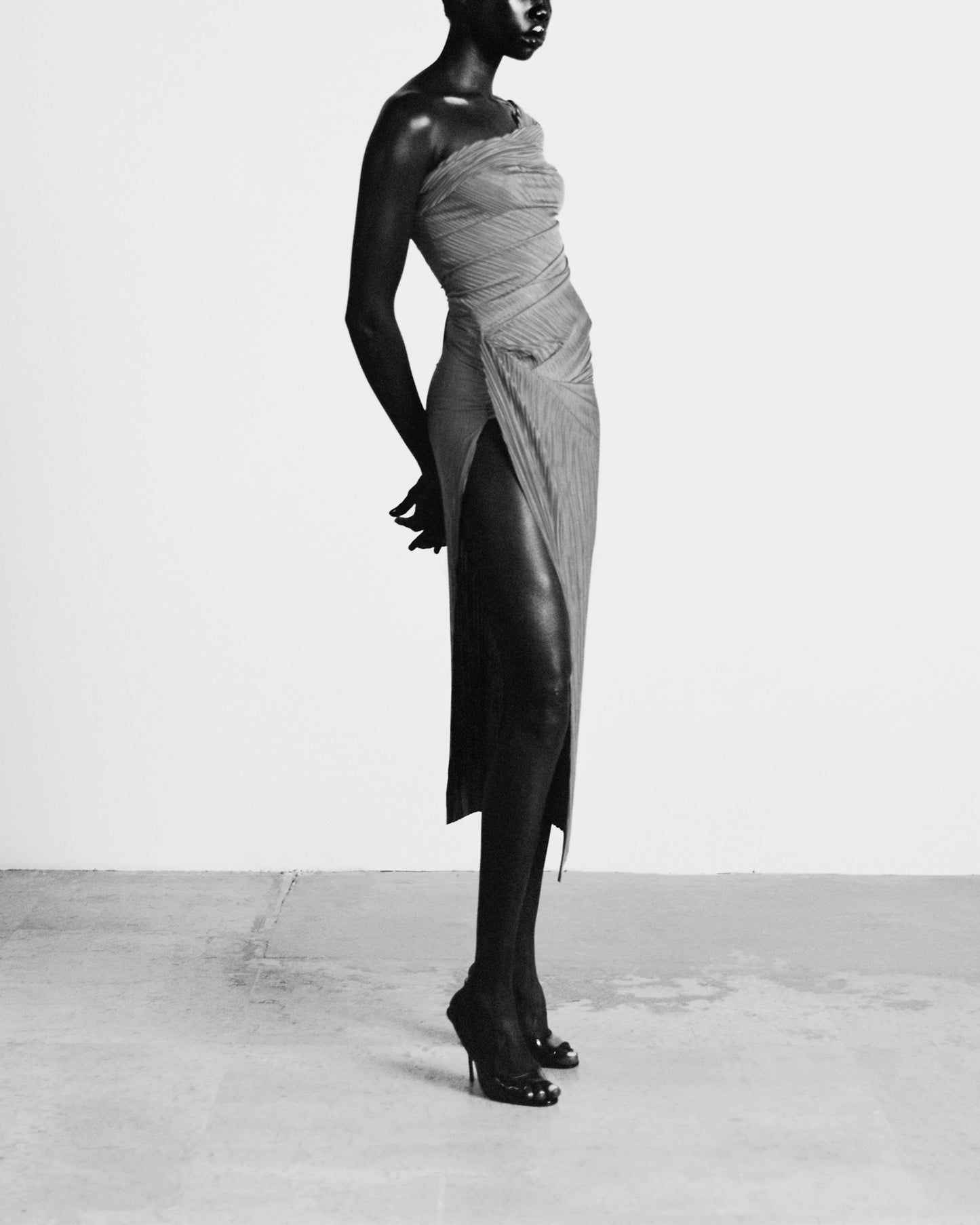 Draped shoulder ruched dress